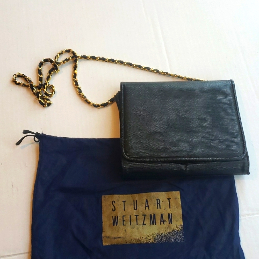 Stuart Weitzman black luxe leather gold chain crossbody purse with dust bag